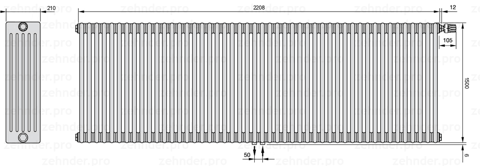 Схема (чертеж) Радиатор Zehnder Charleston 6150/48 №V008 Белый глянцевый RAL 9016